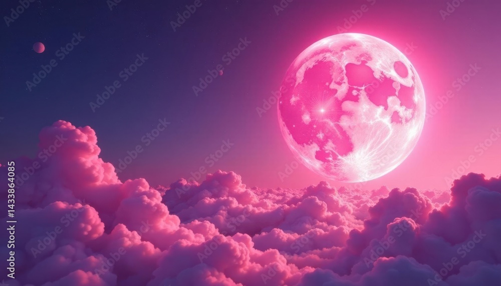 Giant pink moon dominates a swirling pink cloud formation , Pink moon, dreamlike, intense Giant pink moon dominates a swirling pink cloud formation , Pink moon, dreamlike, intense