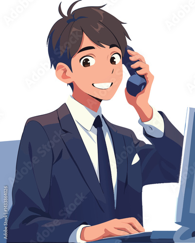 【AI生成画像】漫画タッチの受話器を持っているスーツの男性