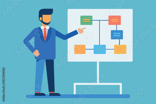 Business professional demonstrating a flowchart during a presentation in a corporate setting