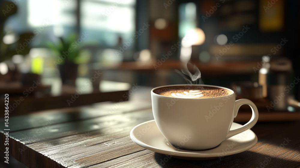 Fototapeta premium A white coffee cup with steam rising from it sits on a wooden table