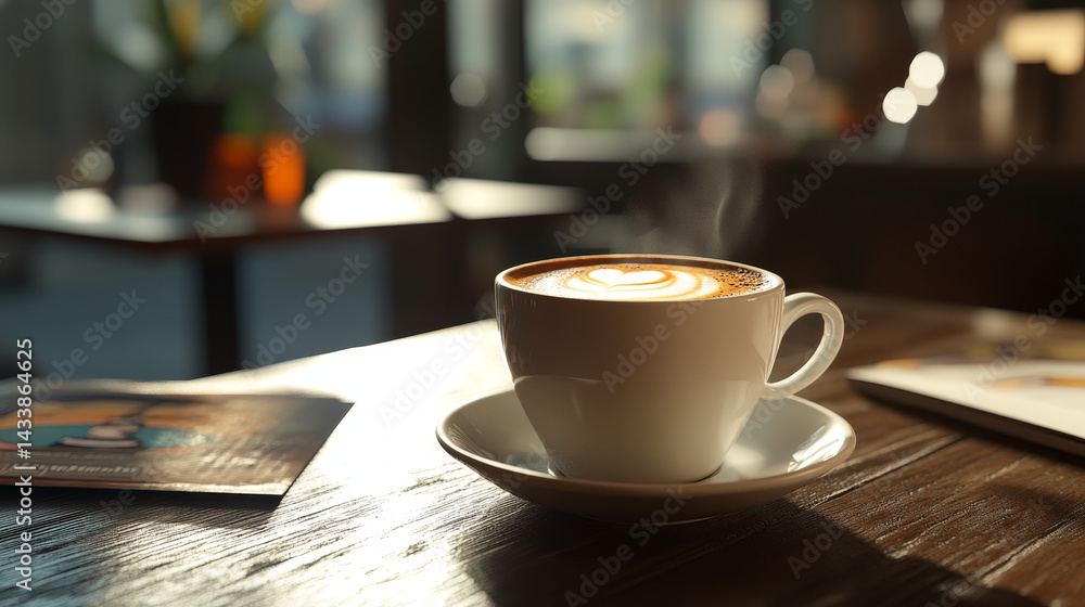 Fototapeta premium A white coffee cup with a white saucer sits on a wooden table