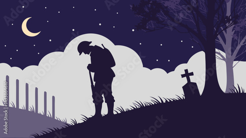 Soldier silhouette in mourning pose at night near grave, honoring fallen heroes, vector illustration