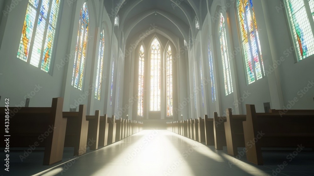 Grand church interior, sunlit aisle