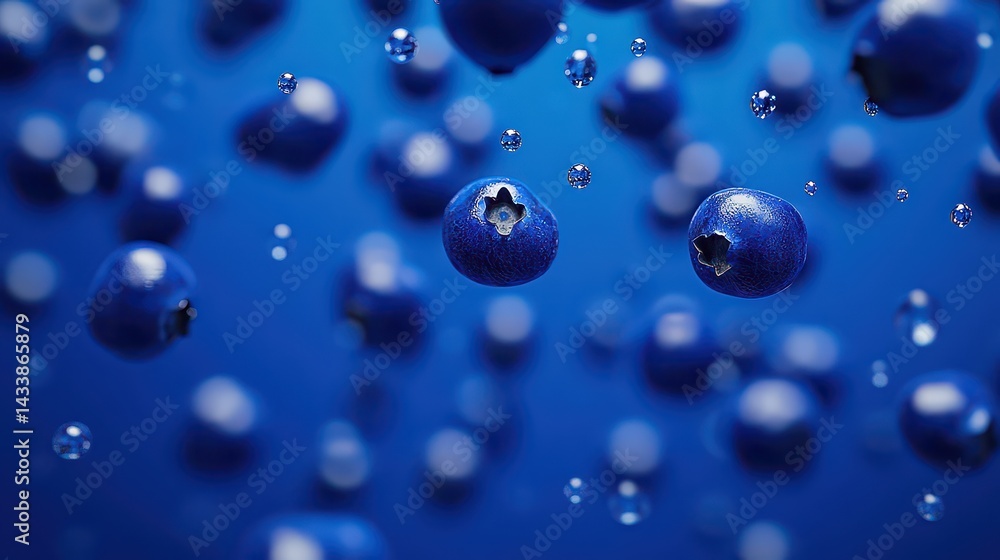 Close-up of blueberries floating in a vibrant blue background with water droplets Close-up of blueberries floating in a vibrant blue background with water droplets