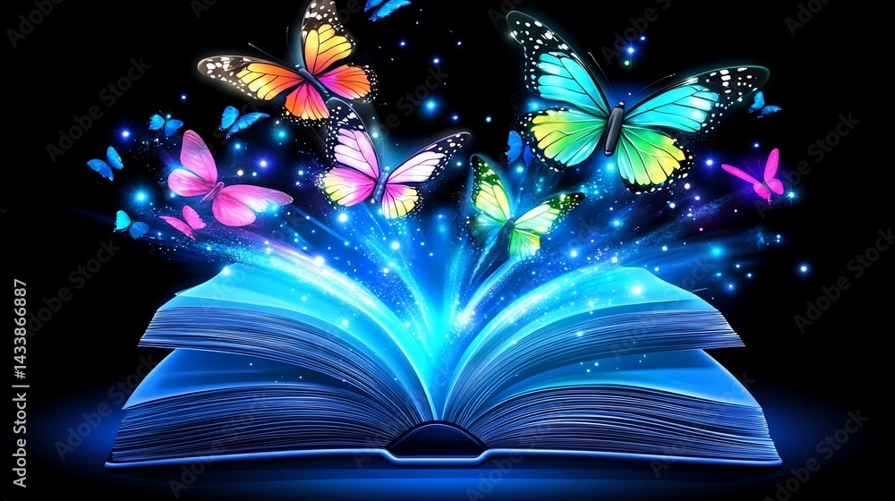Open book, vibrant butterflies, magical light