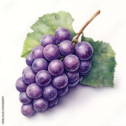Detailed illustration of a cluster of purple grapes with leaves.