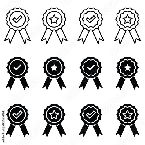 Badge icon set with check mark and star symbols in round ribbon vector illustration for certification reward achievement approval collection design.