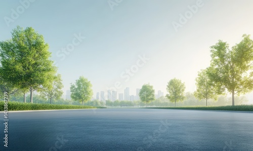 Serene sunrise over city skyline, viewed from empty road lined with lush green trees