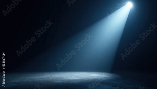 Intense spotlight piercing absolute black void, black background, isolated, illumination