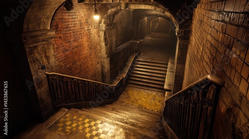 Old, dark, stone stairway.  Mysterious, underground passage.  Possible use Stock photo