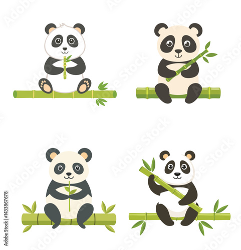 Lovable Panda Holding Bamboo Shoot Vector Bundle Set
