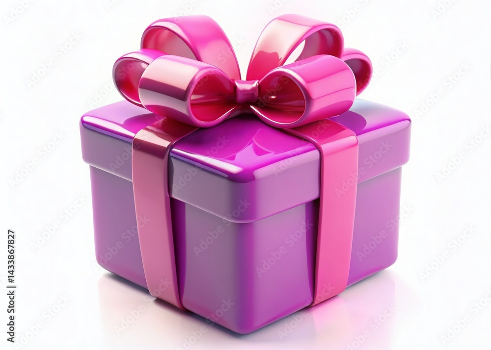 Fototapeta premium Floating Cartoon Purple Gift Box with Pink Bow - Shiny Toy Present, Isolated White Background