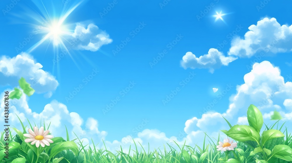 A vibrant, sunny meadow scene with a clear blue sky. Fluffy white clouds dot the azure sky, highlighting a bright sun. Green grass and flowers create a peaceful, spring-like landscape