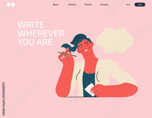 Writing people, modern flat vector concept illustration- sitting woman thoughtfully writing on paper, bubble near head Metaphor for reflection, personal insight, contemplation, creative expression