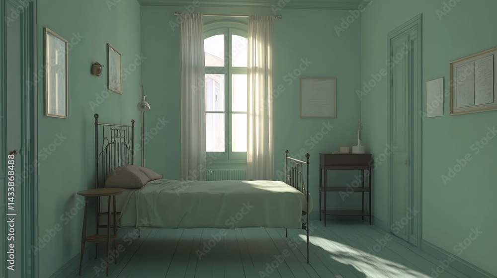 A serene mint green bedroom. Sunlight streams through a window, illuminating a simple, antique-style bed and furniture