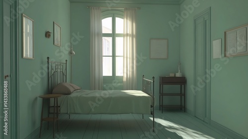Obraz na płótnie A serene mint green bedroom. Sunlight streams through a window, illuminating a simple, antique-style bed and furniture w salonie