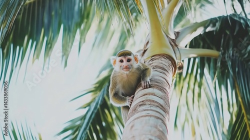 Obraz na płótnie Curious monkey clinging to palm tree trunk w salonie