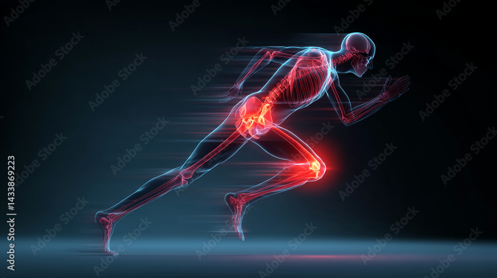 Fototapeta premium Skeleton running, motion blur, highlighting hip and knee joints in red, dark background, medical or sports concept