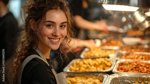 A volunteer helping to serve food at a Christian charity event, with people in need being served with kindness and compassion, symbolizing Christian service and love for others