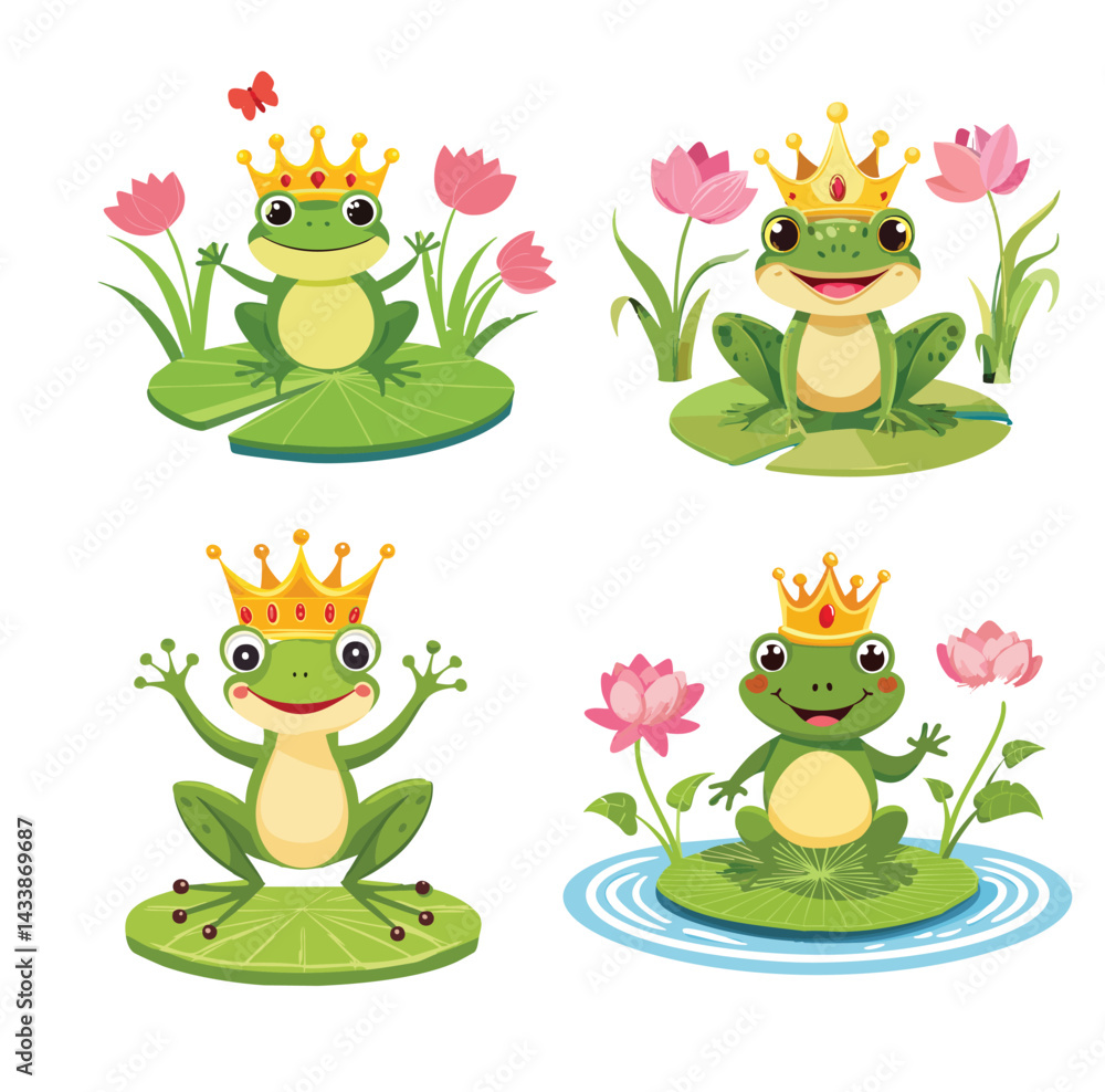 Obraz premium Playful Frog Hopping on Lily Pads Vector Bundle Set