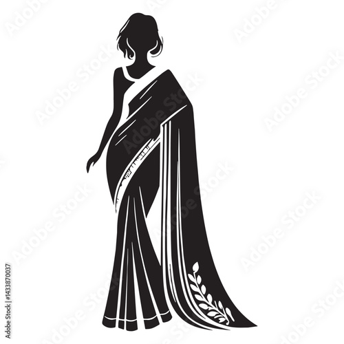Artistic Saree silhouette, detailed patterns and delicate draping – Saree illustration – Minimalist Saree vector – Ladies dress silhouette

