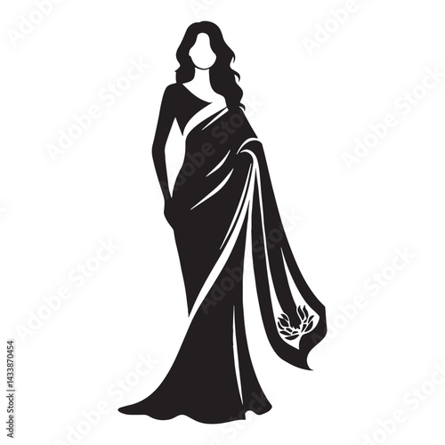 Sophisticated Saree silhouette, draped with refined elegance – Saree illustration – Minimalist Saree vector – Ladies dress silhouette

