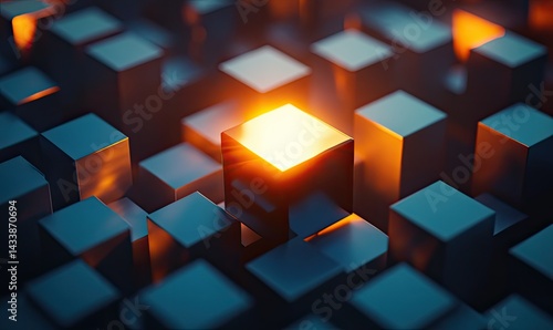 A single glowing cube stands out from a field of dark, metallic cubes