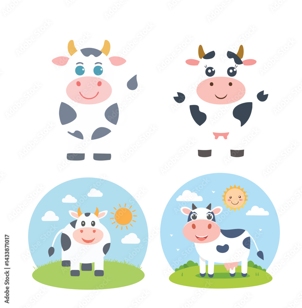 Obraz premium Smiling Cow in Peaceful Meadow Vector Bundle Set