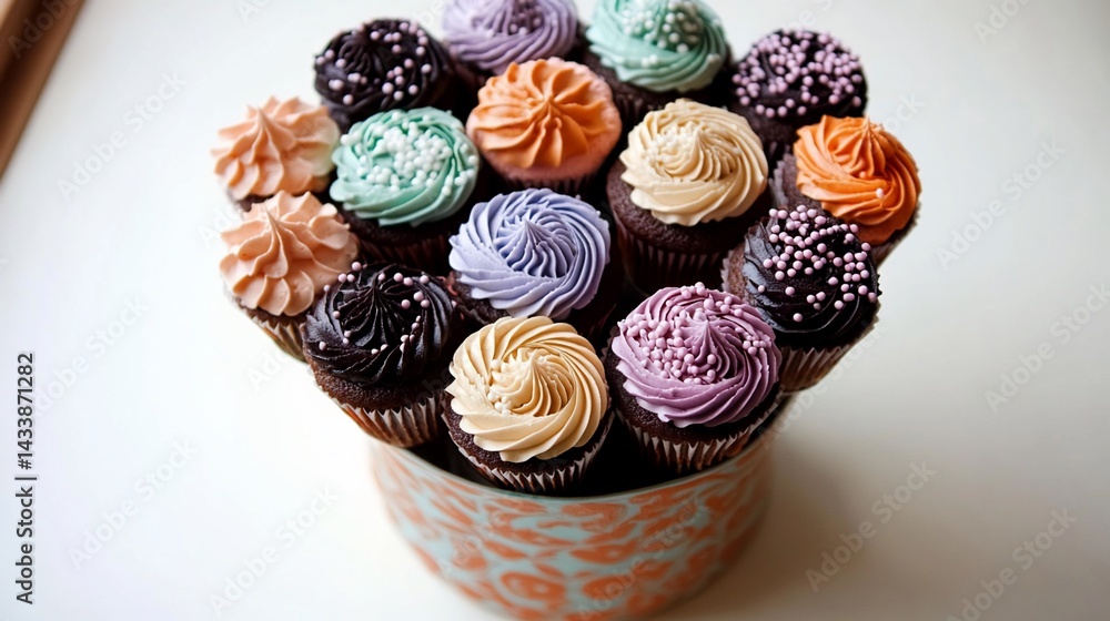 Colorful cupcake bouquet in a decorative tin