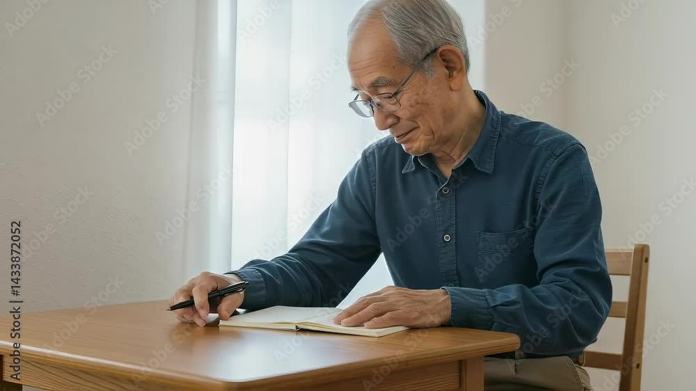 屋内。ノートに記入した文章を確認する眼鏡をかけたシニア男性 屋内。ノートに記入した文章を確認する眼鏡をかけたシニア男性