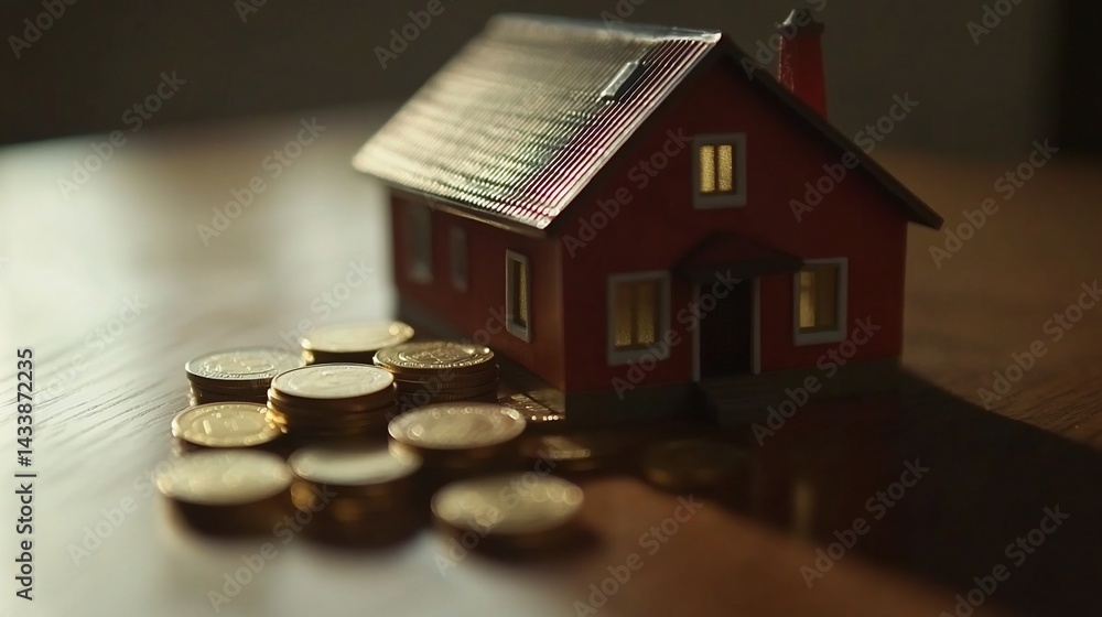 Miniature red house sits on a pile of coins