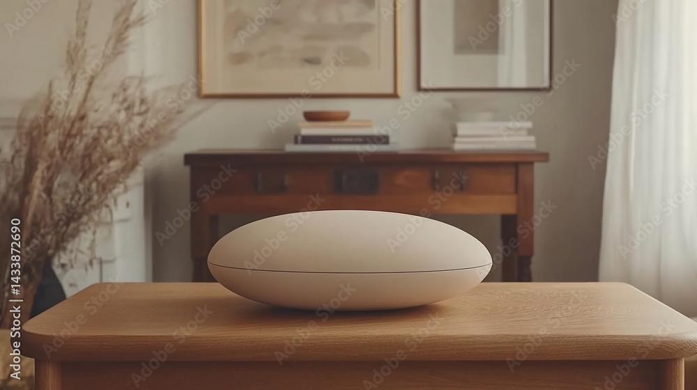 Modern sound device on a wooden table in a light-filled room