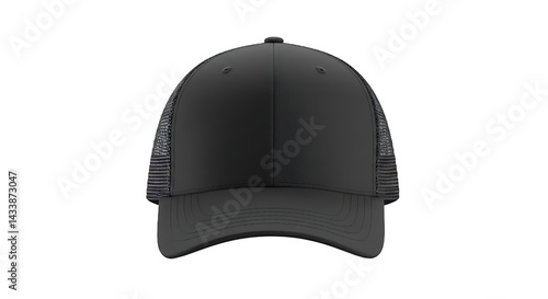 A front view of a black trucker hat with mesh sides on a black background in a studio shot