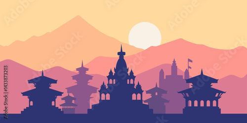 Nepal Temple Silhouette at Sunset – Vector Illustration