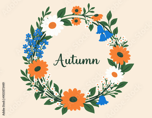 Autumn floral wreath with daisies and bluebells
