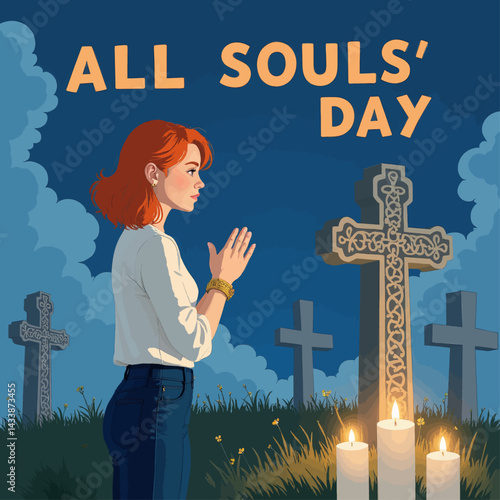 All Souls' Day: Woman Praying at Gravesite with Candles