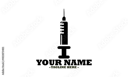 Black silhouette of a medical syringe with a needle for injection isolated against a white backdrop. Healthcare concept, vector Icon syringe and syringe Icon logo design