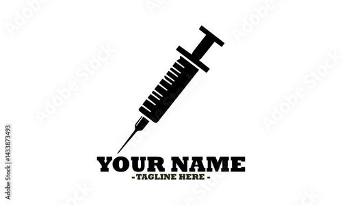 Black silhouette of a medical syringe with a needle for injection isolated against a white backdrop. Healthcare concept, vector Icon syringe and syringe Icon logo design