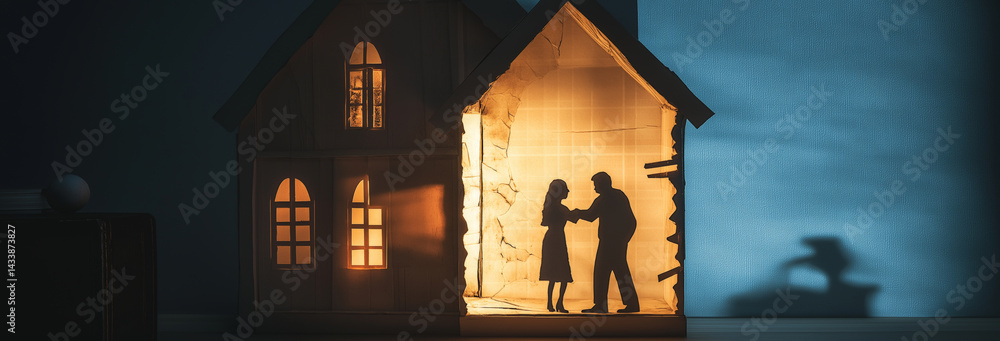 house broken in the middle, divided in two parts, being illuminated from outside the house, parents's shadows inside