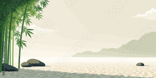 Bamboo Grove by Still Water with Distant Mountains