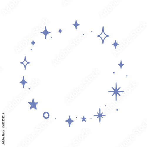 Cosmic round frame with stars and spark shines. Mystical and celestial. Vector illustration aesthetic design.