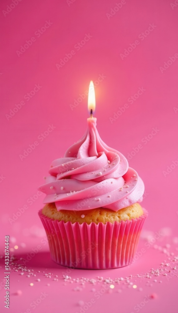 Pink cupcake, lit candle, pink background, sparkles , white, bright Pink cupcake, lit candle, pink background, sparkles , white, bright