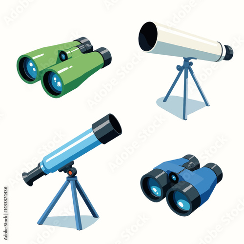 Binoculars and Telescopes Collection on White