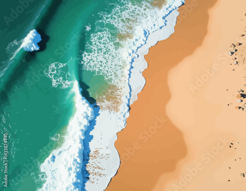 Aerial view of turquoise waves meeting a sandy beach