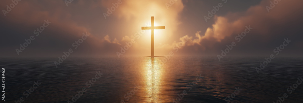 A large, golden cross emerging from the surface of a calm sea at sunrise