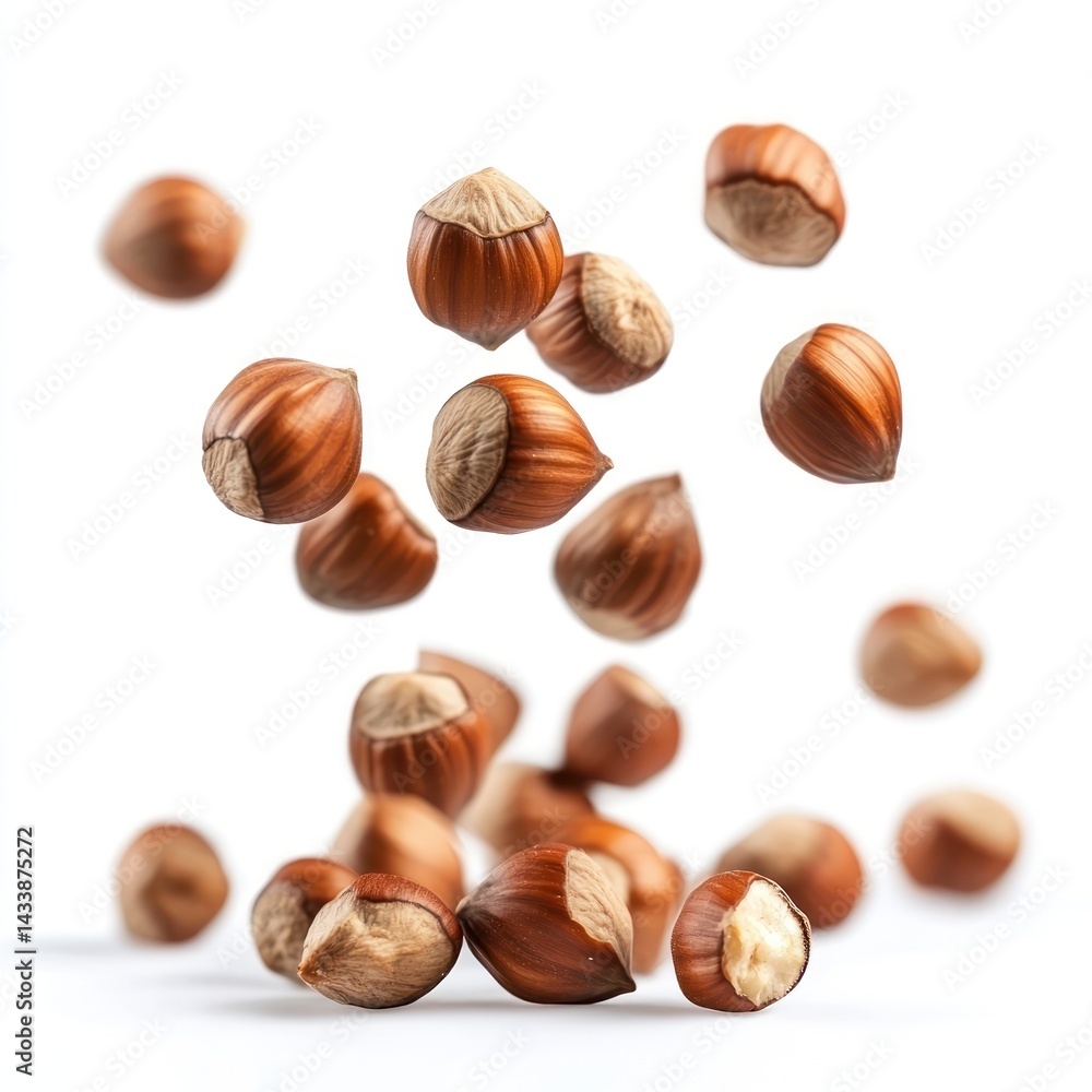 Fresh and Vibrant Hazelnuts Falling in Mid-Air Isolated on White Background for Culinary and Health Concepts Fresh and Vibrant Hazelnuts Falling in Mid-Air Isolated on White Background for Culinary and Health Concepts