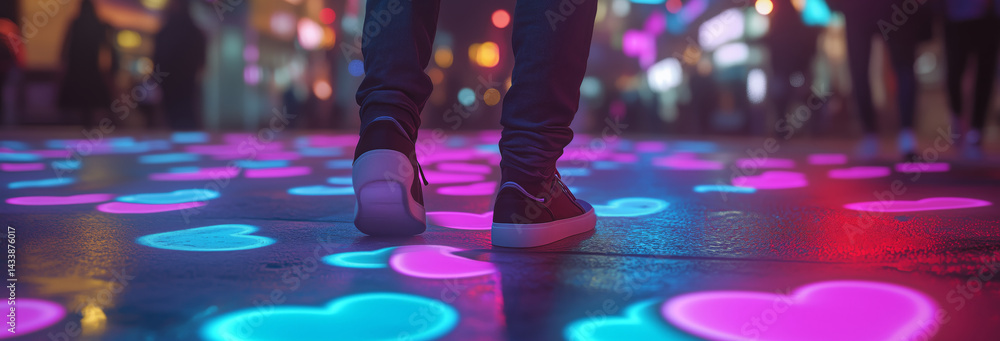 a man standing amidst trippy city lights. Neon reflections cast dynamic patterns on the ground