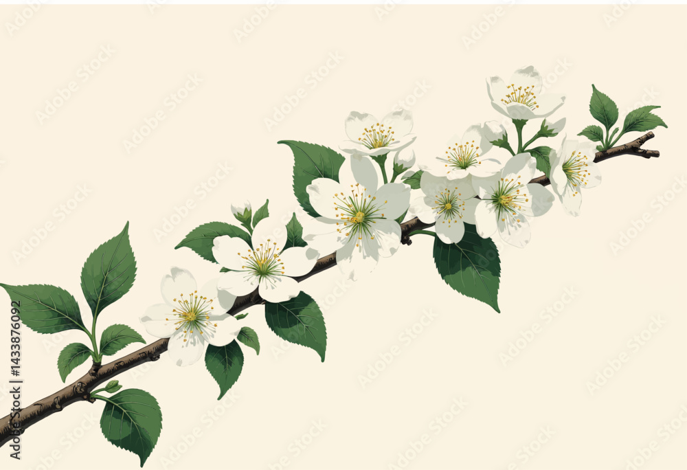 Fototapeta premium Branch with White Plum Blossoms and Green Leaves