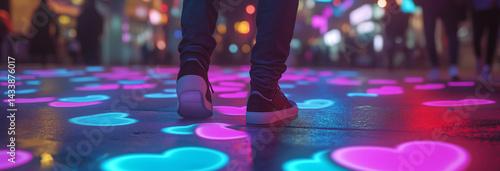 Obraz na płótnie a man standing amidst trippy city lights. Neon reflections cast dynamic patterns on the ground w salonie