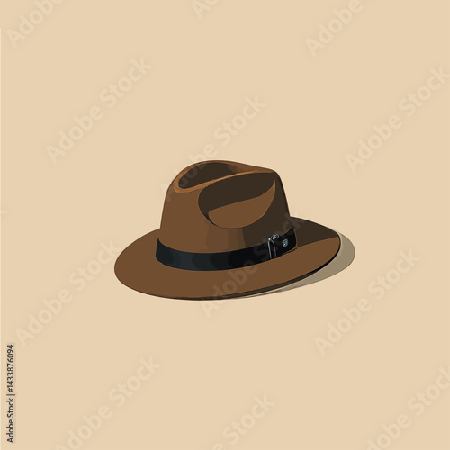 Brown fedora hat with black band on beige background